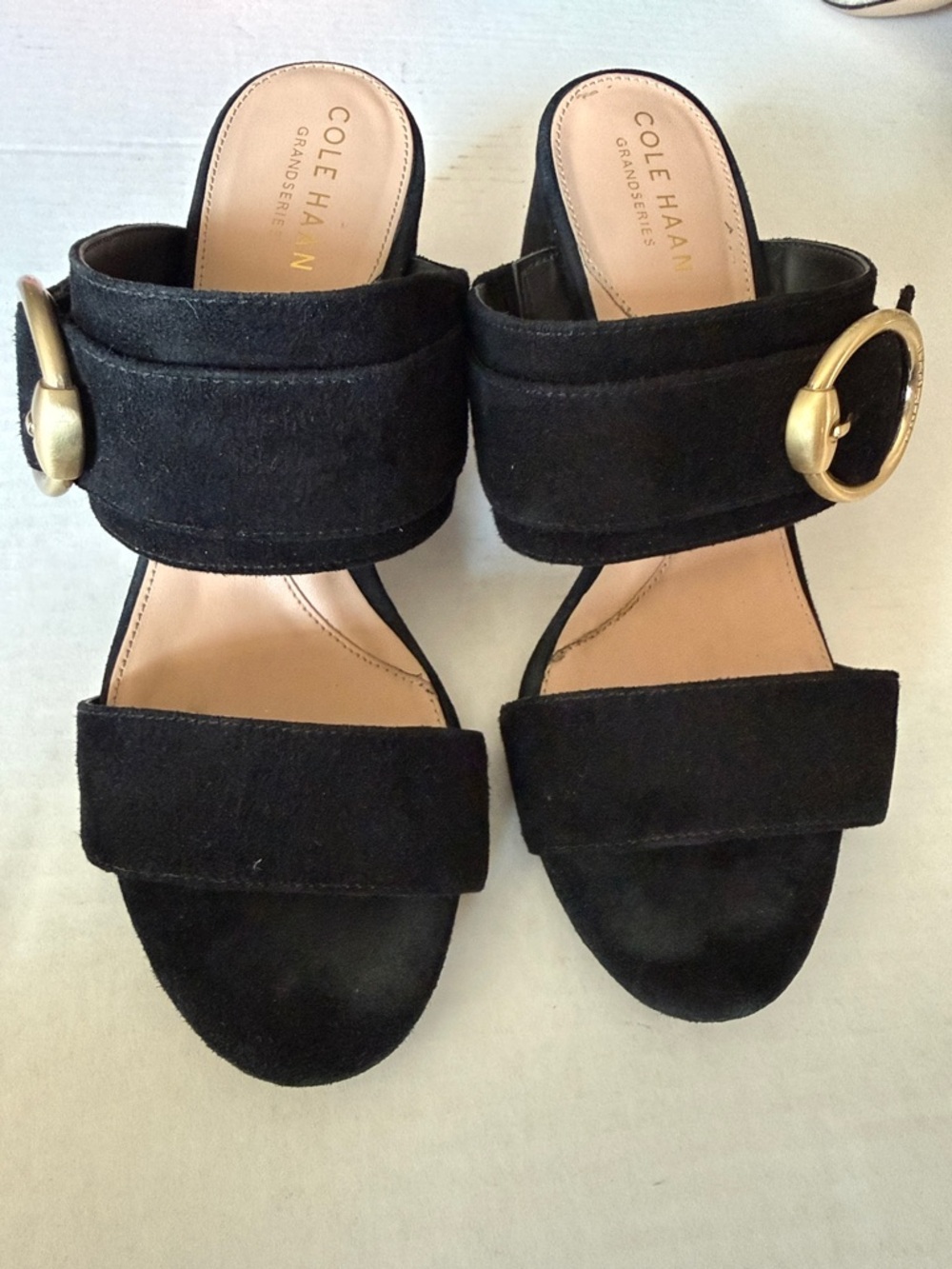 Cole Haan Leather & Manmade Black Slide Mules with Gold Buckle Accent